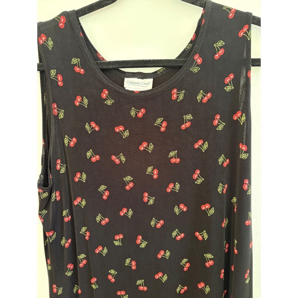 Coldwater Creek Vintage Cherry Print Sleeveless Shift Dress Black Red Large